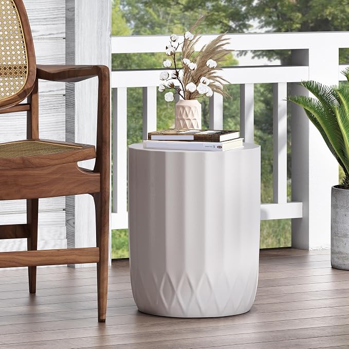 Outdoor Side Table 15" Geometric Shape Lightweight Concrete-Look Outdoor Indoor Accent Table Decorative Garden Stools, for Patio Porch Living Room, White