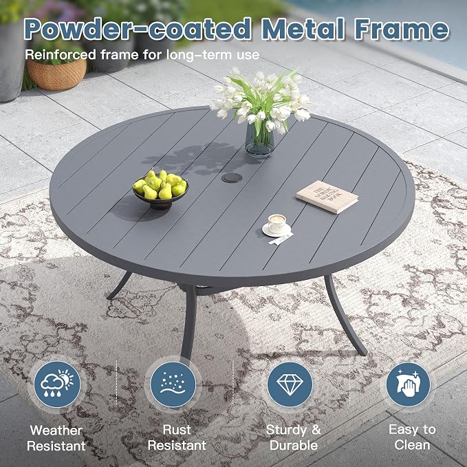 DIFY 60" Round Outdoor Patio Dining Table for 8-10, Metal Patio Table with 1.57" Adjustable Umbrella Hole, All-Weather Dining Furniture Table for Backyard Lawn Garden, Grey