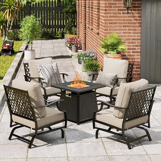 MIXPATIO Patio Furniture Set with Fire Pit Table, 5 Pcs Metal Outdoor Conversation Set, 4 Rocking Chairs with 5.75" Extra Thick Cushion and 28" Fire Pit Table for Backyard Deck, Beige