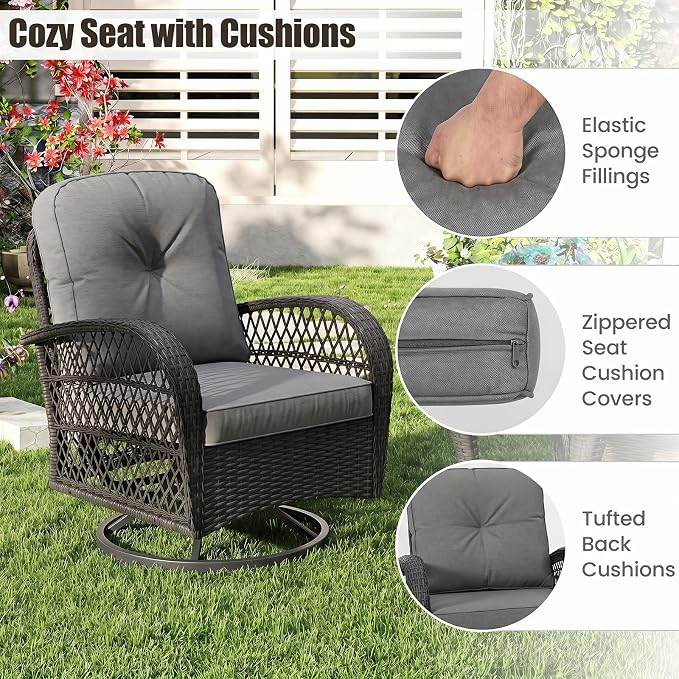 ORALNER 3 Pieces Wicker 360° Swivel Rocker Set Patio Furniture, Rocking Chairs with Cushions, Tempered Glass Coffee Table, Outdoor Rattan Bistro Set for Balcony Front Porch Deck Poolside (Gray)