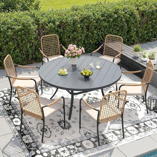 DIFY 7 Pieces Outdoor Dining Set for 6, 50" Round Dining Table with Umbrella Hole & Wicker Stackable Patio Chairs with Cushions, Metal Patio Table and Chairs Set for Backyard Porch Garden, Grey