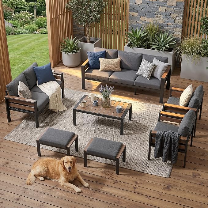 Modern Aluminum Patio Furniture Set with 2 Footstool, 7 Pieces Rustproof Patio Conversation Sets with Thick Cushions & Coffee Table, All Weather Oversized Metal Sectional Sofa for Deck Backyard