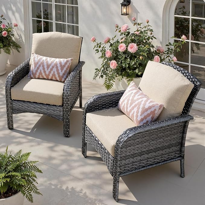 Patio Furniture Set, Outdoor Wicker Chairs of 2, Modern Rattan Outdoor Chairs Conversation Set, All Weather High Back Patio Sofa with Comfy Cushions for Porch, Balcony, Garden, Beige