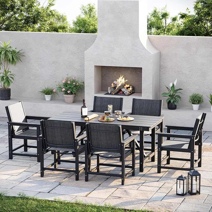 Amopatio Outdoor HDPE Dining Chairs Set of 6 All-Weather Patio Chairs with Textilene Backrest Heavy Duty for Porch Backyard Deck Lawn Garden, Black