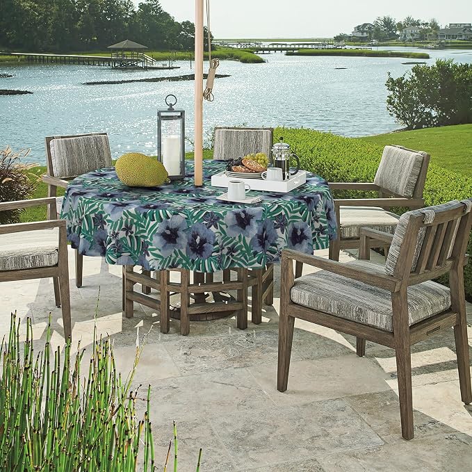 DYTXIII Outdoor Round Tablecloth with Umbrella Hole 60 Inch, Water Repellent & Fade Resistant Table Cover, All Weather Outdoor Tablecloth for Garden & Party Table, Blue Salmone Tropical