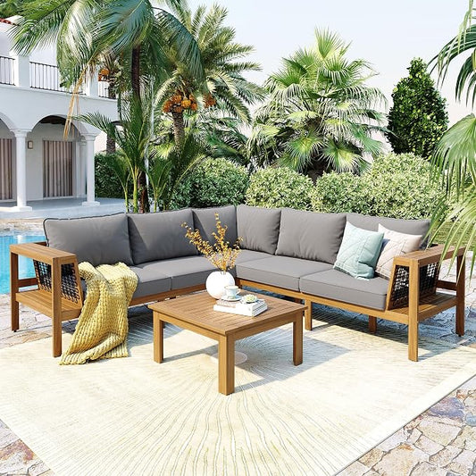 Merax 4 Pieces Patio Furniture Set, Outdoor L-Shaped Sectional Sofa Set with Coffee Table, Acacia Wood Conversation Seating & Thick Cushions and Side Table, for Backyard, Garden and Poolside, Grey