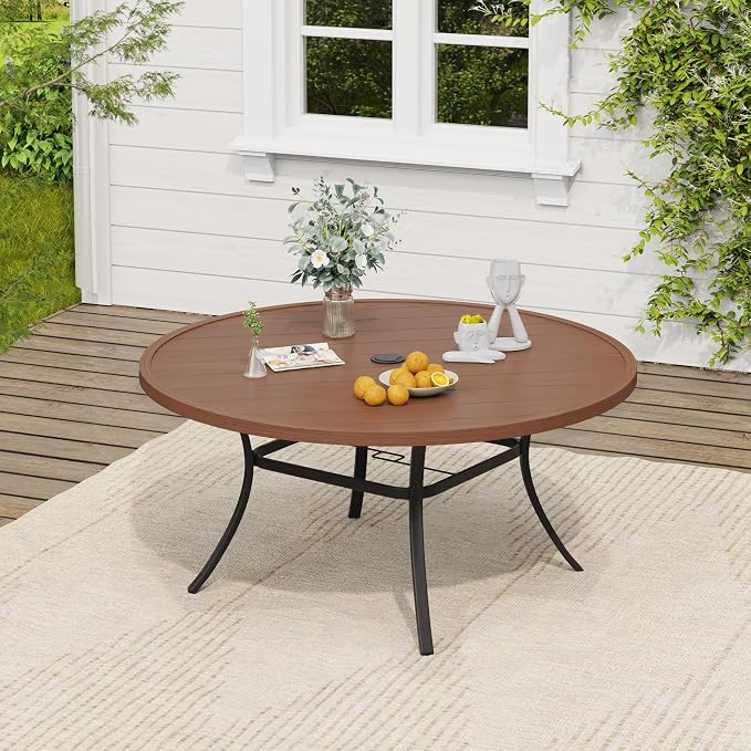 VICLLAX 50" Round Patio Table, Outdoor Dining Table for 6 with Umbrella Hole for Garden Lawn Deck Backyard, Walnut