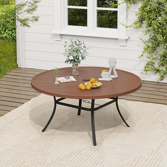 VICLLAX 53" Round Patio Table, Outdoor Dining Table for 8 with Umbrella Hole for Garden Lawn Deck Backyard, Walnut