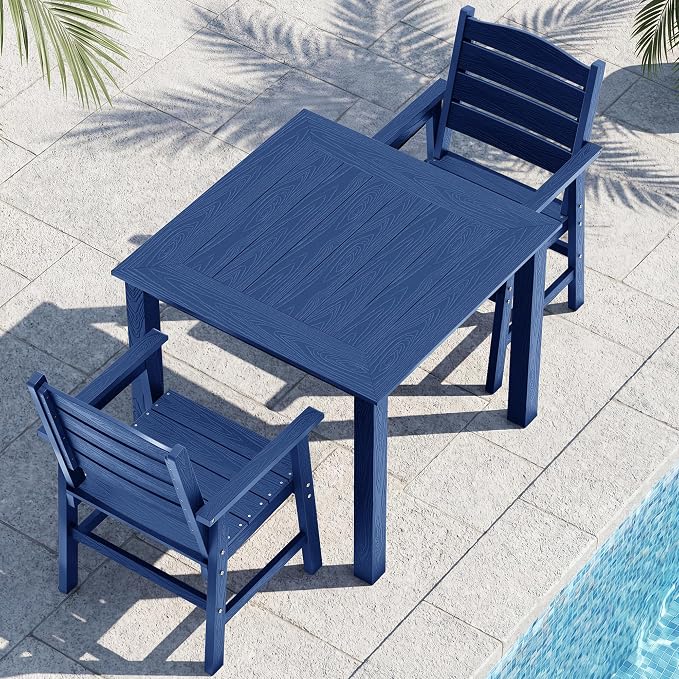 YEFU 3-Piece Outdoor Table and Chairs ：All-Weather HIPS Patio Dining Sets for 2 Easy Assembly Outdoor Dining Set - Square Wood Grain Patio Furniture Set for Backyard Garden Deck Poolside（Navy）