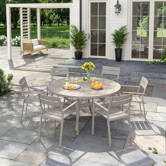 VICLLAX Patio 7 Pieces Outdoor Dining Set, Wrought Iron Metal Outdoor Table and Chairs Set, 50" Round Table with Umbrella Hole and 8 Stackable Chairs for Lawn, Garden, Porch, Sandshell
