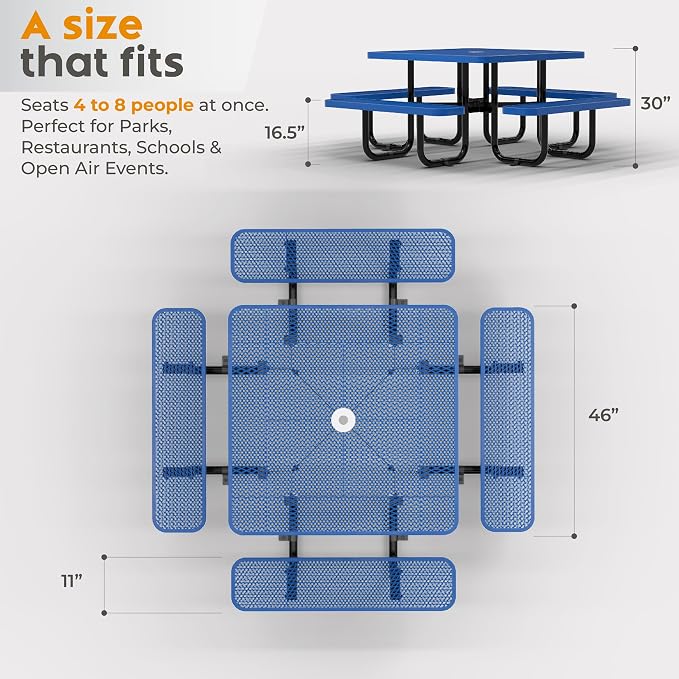 Metal Picnic Tables for Outdoors with Umbrella Hole - Coated Steel Heavy Duty Commercial Grade Furniture (Blue, 46 in, Square, Expanded Steel)