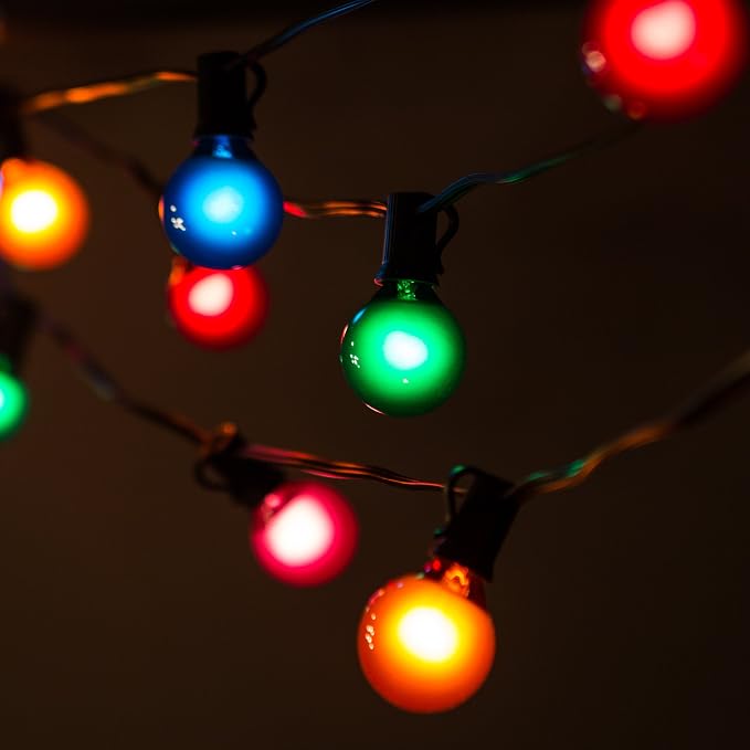 G40 Assorted Satin Pearl Colored String Lights (25 Foot – Black Wire) | G40 Assorted 1.6" Bulbs, Outdoor Globe Patio String Lights