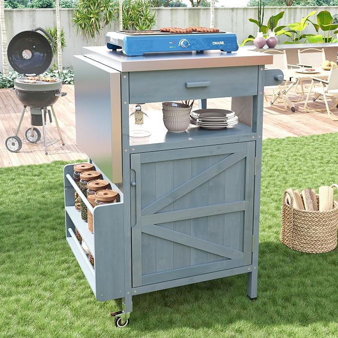 Outdoor Grill Cart with Stainless Steel Top, Solid Wood Outdoor Storage Cabinet with Drop Leaf, One Drawer, Towel Rack, Rolling Kitchen Cart with Lockable Wheels for Lawn Garden (Blue+Grey@072)