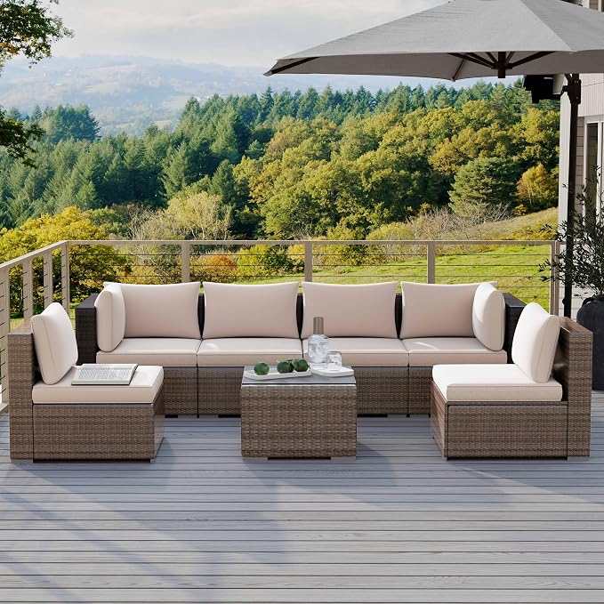 7-Piece Outdoor Patio Furniture Set, Outdoor Couch - Handwoven All-Weather Rattan & 4” Thick Waterproof Cushions, Wicker Outdoor Conversation Sets with Coffee Table for Backyard, 2026, Brown/Beige
