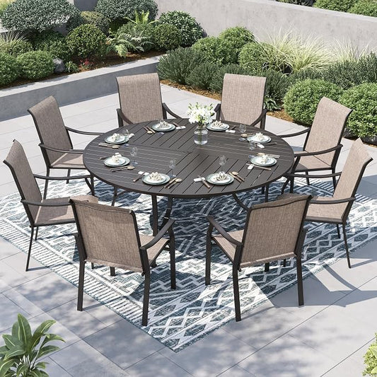 PHI VILLA Outdoor Dining Set for 8, Round Patio Table and Chairs Set, 9 Piece Patio Furniture Set with Metal Table & Textilene Chairs for Deck Garden Yard