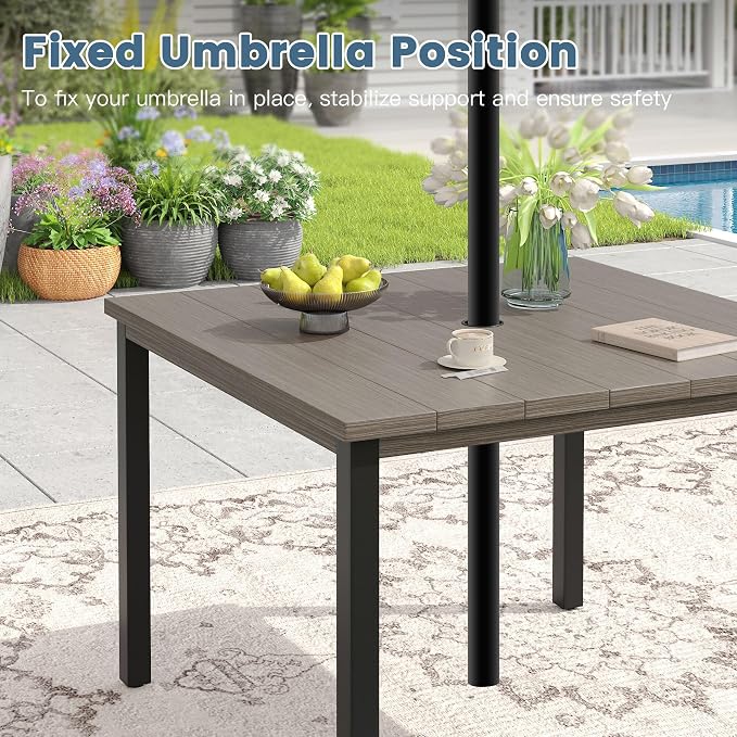 DIFY Patio Table and Chairs Set for 4, 5 Piece Outdoor Dining Set, 40.2" Grey Wood-Like Square Metal Dining Table with Umbrella Hole and 4 Sandshell Textilene Swivel Patio Chairs, for Garden Backyard