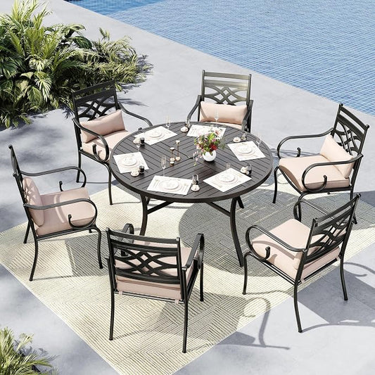 MFSTUDIO 7-Piece Patio Dining Set, 54" Round Metal Table, Fixed Chairs | Umbrella Hole, All-Weather Use