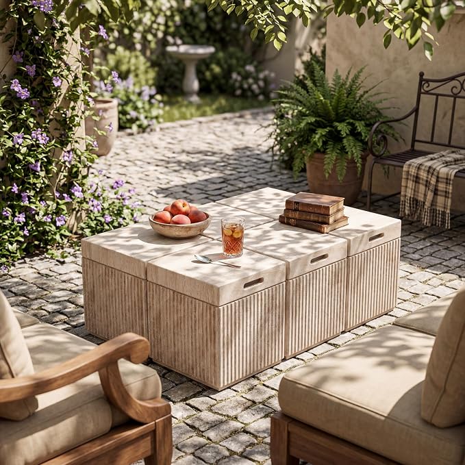 Christopher Knight Home Livia 20.28" Tall Outdoor Square Accent Side Tables Set of 6, Patio Decorative End Tables with Fluted Design, MGO Garden Stool for Patio Balcony & Garden Decor, Travertine