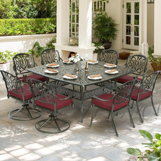 9-Piece Patio Cast Aluminum Dining Set, Outdoor Dining Furniture Set for 8 Person, Includes 64" Square Table, 6 Stationary and 2 Swivel Dining Chairs with Umbrella Hole, Red