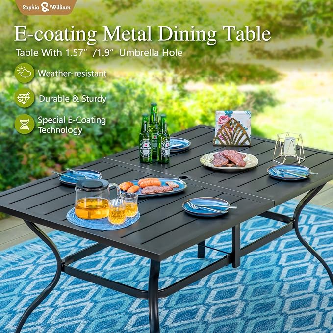Sophia & William 7 Pcs Patio Dining Set, Metal Table w/Swivel Chairs, Blue | High-back & Padded, Umbrella Hole, Rectangular, Durable & rrgonomic, Weather-resistant, Outdoor backyard deck, 7 Piece