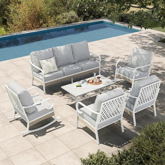 HERA'S HOUSE 6 Piece Metal Patio Furniture Set, All Weather Outdoor Conversation Set with 3-Seat Sofa, 2 Rocking Chairs, 2 Fixed Chairs & Coffee Table, 7 Seats for Backyard, Garden, Deck, White/Grey