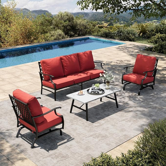 HERA'S HOUSE 4 Piece Patio Furniture Set, 2 x Rocking Metal Frame Cushioned Chair, 3-Seat Sofa with Marbling Coffee Table, All Weather Outdoor Conversation Set for Lawn Garden Backyard, Red