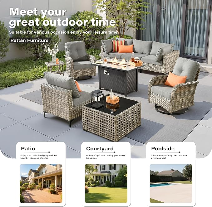 9 Pieces Outdoor Sectional Patio Furniture Set with 42" Fire Pit,Conversation Sets Rattan Wicker L Shaped Couch Swivel Rocking Chairs,Modular Outdoor Sofa for Porch Balcony Backyard Dark Grey