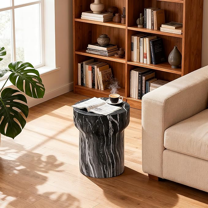 Stone Side Table,Round Faux Marble Side Table,Modern Small Stone End Table for Balcony (Dark Gray-16-4)