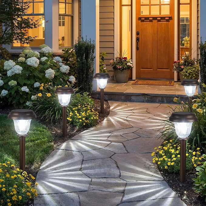 DERAYSION Solar Lights Outdoor, 6 Pack Brushed Stainless Steel Glass Solar Pathway Lights, Auto On/Off Long-Lasting Outdoor Solar Lights for Garden, Landscape, Path, Yard, 6000K Cold White | Stainless Steel Waterproof Garden Lights Auto On/Off Long-Las...