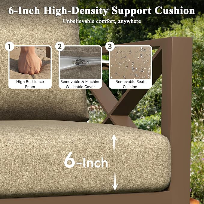 3 Piece Aluminum Rocking Patio Furniture Set, Modern Outdoor Patio Conversation Sets with Ergonomic Swivel Chairs, 6" Thick Washable Cushions and Coffee Table for Balcony, Porch, Backyard,Brown