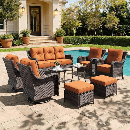 9 Pieces Outdoor Furniture Set with 6-inch Cushions, High Back Wicker Swivel Rocker Chairs with Coffee Table, Luxury Conversation Set for Deck Patio and Poolside