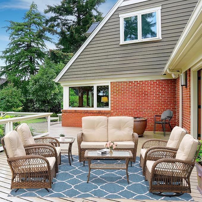 7-Piece Wicker Patio Furniture Sets Outdoor All-Weather Rattan Conversation Set Includes Glider Loveseat, 2 Glass-Top Coffee Tables, 2 Swivel-Gliders Chairs for Porch Backyard, Light Brown