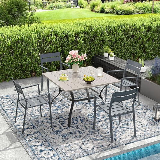 DIFY 5 Piece Outdoor Patio Dining Set for 4, Patio Table and Chairs Set with Umbrella Hole, 37.8" Square Dining Table and Stackable Metal Chairs for Backyard Garden Poolside, Grey Wood-Like & Grey