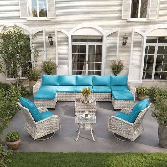 Outdoor Patio Furniture Set with Rocking Swivel Chair Wicker Sectional Sofa Set, 11-Piece Patio Conversation Set with Ottomans and Coffee Table for Garden, Turquoise