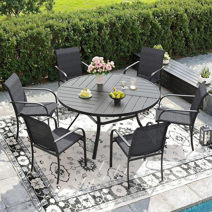 DIFY Patio Dining Set for 6, 7 Piece Outdoor Table and Chairs Set, 47.2" Black Round Metal Patio Dining Table and 6 Grey Textilene Stackable Patio Chairs, for Backyard Garden Poolside