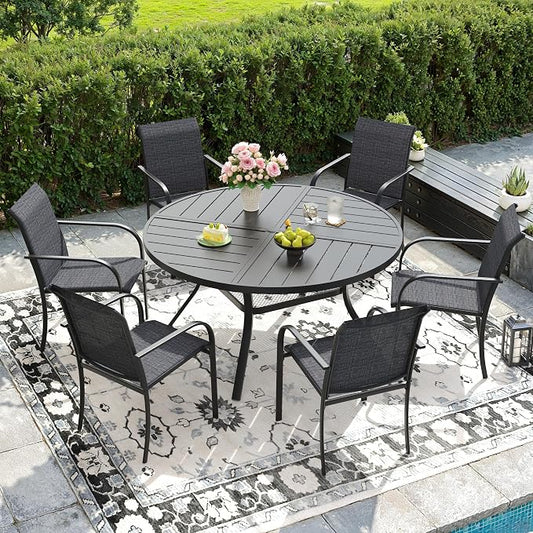 DIFY Patio Dining Set for 6, 7 Piece Outdoor Table and Chairs Set, 47.2" Black Round Metal Patio Dining Table and 6 Grey Textilene Stackable Patio Chairs, for Backyard Garden Poolside