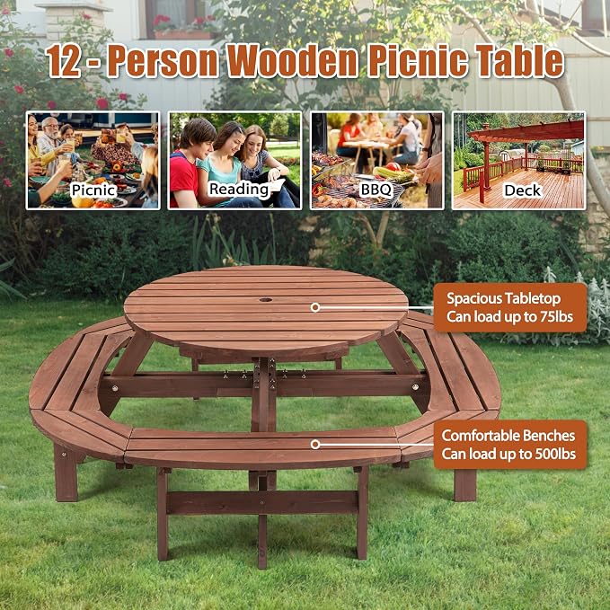 Henf 10-12 Person Wood Picnic Tables for Outdoors,Round Picnic Table with Umbrella Hole,Ring Built-in Benches,Patio Table and Bench Set for Garden,Patio, Backyard,2220LBS Total Capacity,Walnut Brown