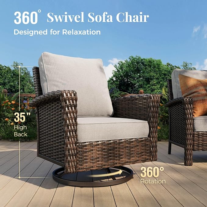 MIXPATIO 6-Piece Wicker Patio Furniture Set with Swivel Chairs, High Back Outdoor Furniture with 5.5-inch Thick Cushion and Ottoman, All-Weather Wicker Patio Conversation Set for Deck Yard Pool, Grey