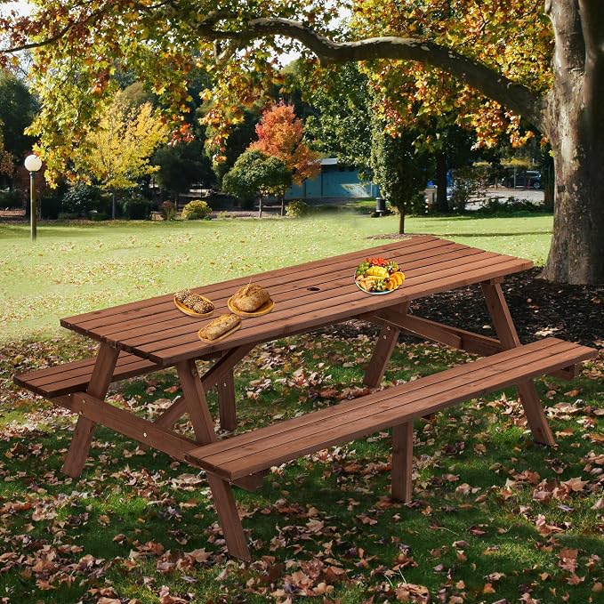 anwickjeff 8-Person Picnic Table and Chairs Set, Outdoor Round Wooden Patio Tables with DIY w/3 Built-in Benches & Umbrella Hole, 2220lbLBS Total Capacity for Patios, Backyard (Brown2, 8 Person)