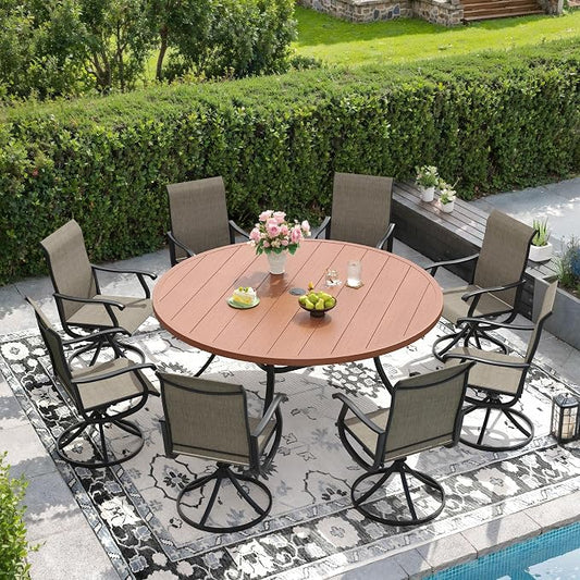 DIFY Outdoor Dining Set for 8, 9 Piece Patio Table and Chairs Set, Swivel Patio Dining Chairs with Brown Textilene & 60" Walnut Round Metal Dining Table with Umbrella Hole, for Garden Backyard Deck