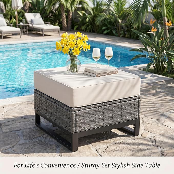 5 Pieces Patio Furniture Set, PE Rattan Patio Set with Soft Cushions & Side Table,All Weather Outside Furniture with Ottoman for Porch, Garden, Backyard