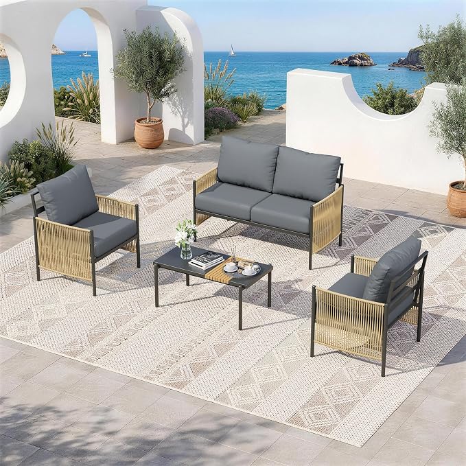 Aluminum Outdoor Patio Furniture Set, 4 Seats Outdoor Sectional with Coffee Table, Patio Conversation Sets with Washable Thick Cushions and Waterproof Cover forBackyard/Garden/Poolside, Gray