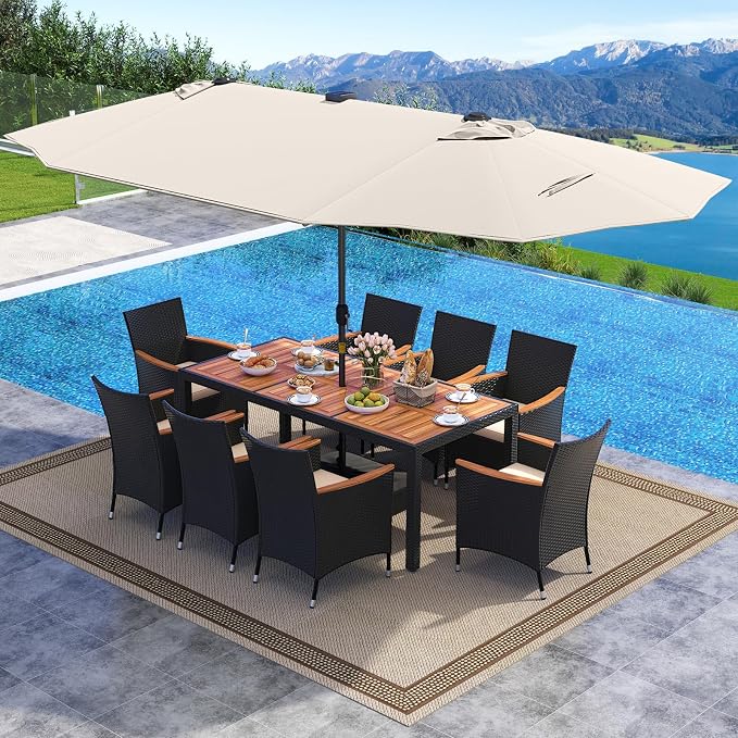 Tangkula 11 Pieces Patio Dining Set with Double-Sided Led Patio Umbrella (Base Included), with 8 Stackable Chairs, Acacia Wood Dining Table and Large Umbrella with Solar Lights (Beige + Off White)