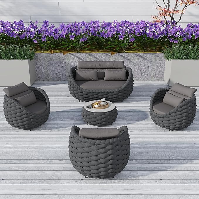 TWT Outdoor Patio Furniture Set-5 Pieces Aluminum Sectional Sofa, Metal Patio Conversation Set with Loveseat & Armchair, Textile Rope and Coffee Table, Dark Grey
