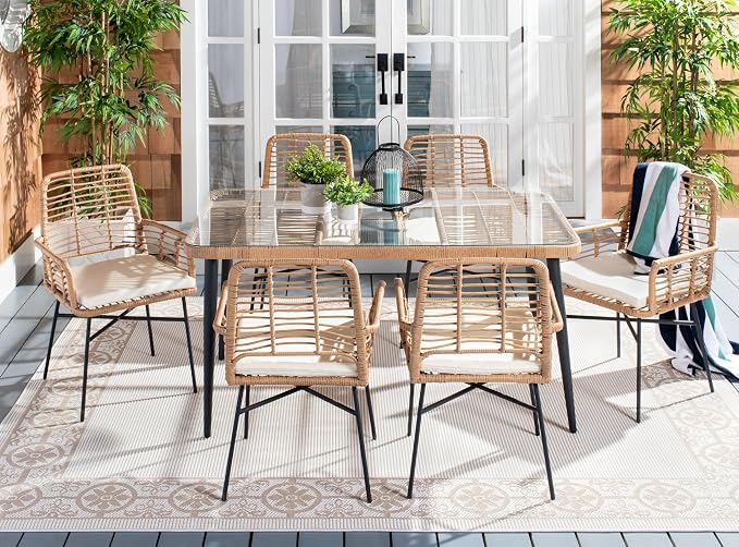 SAFAVIEH Outdoor Collection Beson Brown/White 7-Piece Dining Set PAT9010A-3BX