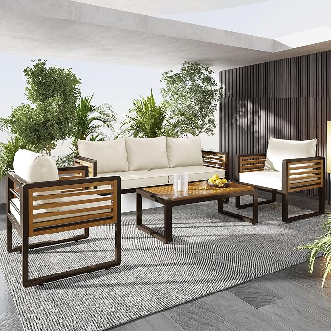 Large 4-Piece Outdoor Patio Sofa Set for 5 People,Garden Conversation Set with Removable Cushions,Metal & Wood Frame,Acacia Wood Tabletop,Modern Minimalist Design,Waterproof and UV-Proof, Beige Brown
