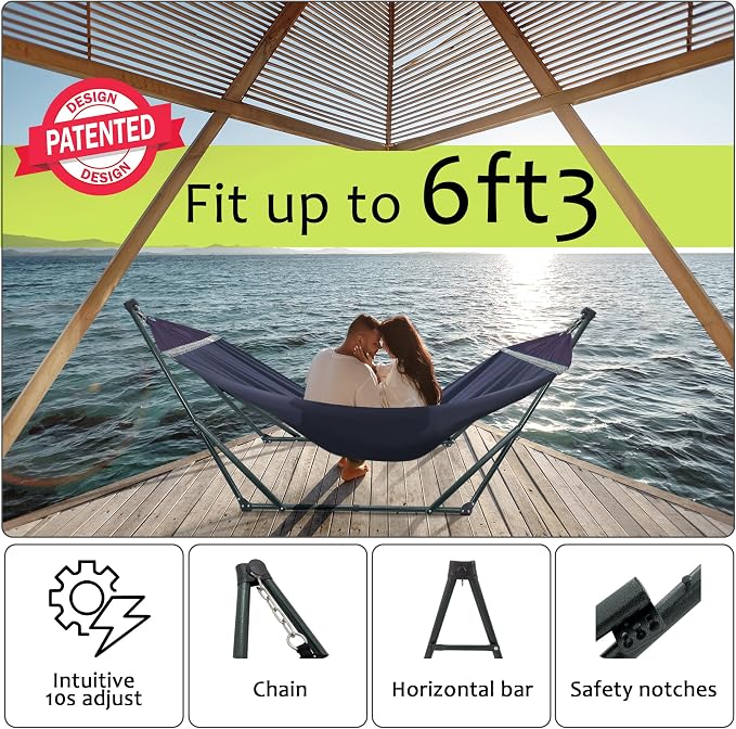 Tranquillo Ultimate Relaxation Portable Hammock Stand with Cotton Canvas Net, Spreader Bar, Quick Fold Unfold in 30 Seconds Steel Frame Hammock 600 lbs Capacity Outdoor, Navy