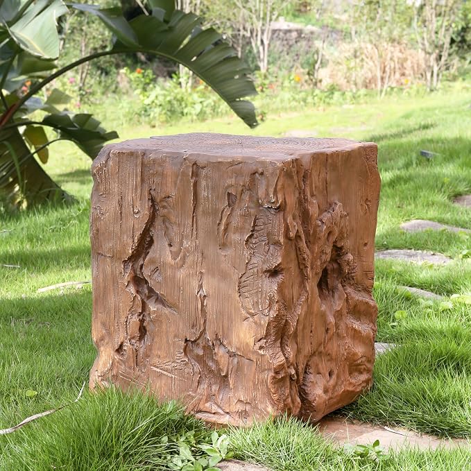 Christopher Knight Home Nataly 18.25" H Small Outdoor Side Table, Stump Shape Carved Garden Stool, Lightweight Concrete End Table, Patio Decorative Home Stool for Balcony Poolside Backyard, Brown