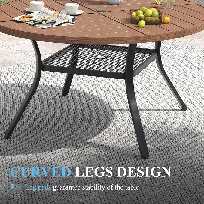VICLLAX 40.6" Round Patio Table with Umbrella Hole, All Weather Metal Outdoor Dining Table for 4, Outside Table with Storage Shelf for Lawn Garden, Walnut Wood-Grain Finish