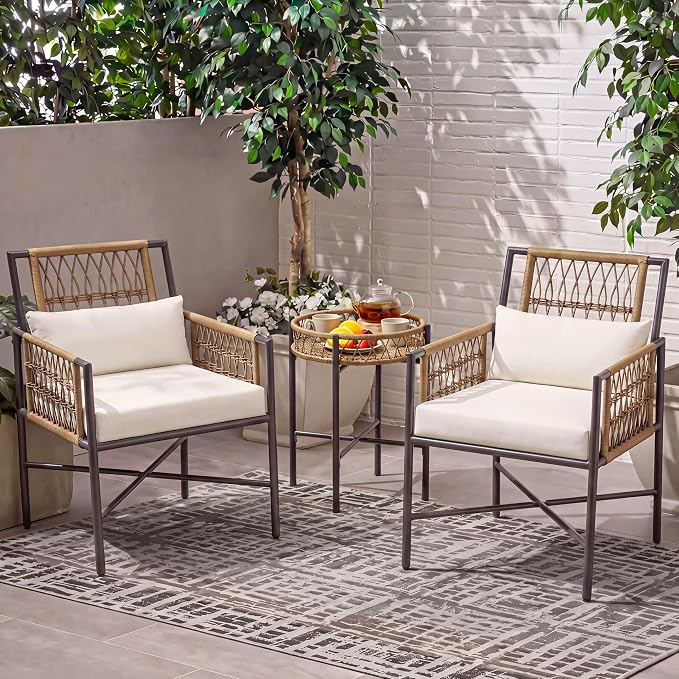LAUSAINT HOME 3 Piece Patio Furniture Set, Outdoor Wicker Bistro Set with Handwoven PE Rattan Chairs & Round Side Table, Steel Frame Conversation Set for Patio, Balcony, Backyard, Poolside, Beige